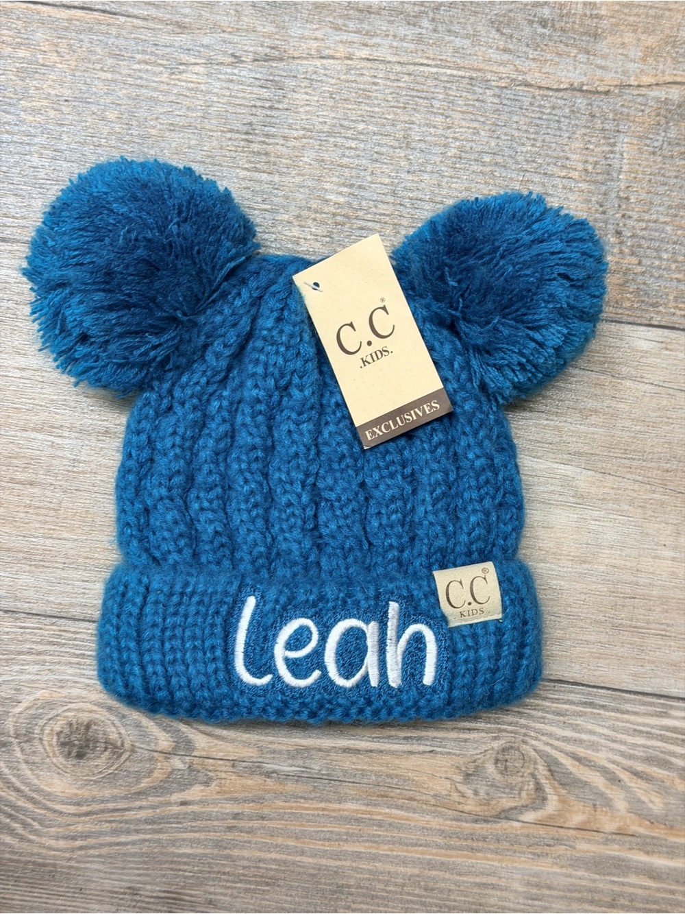MWT TEAL Knit C C Beanie DOUBLE POM PERSONALIZED WITH LEAH IN WHITE THREAD